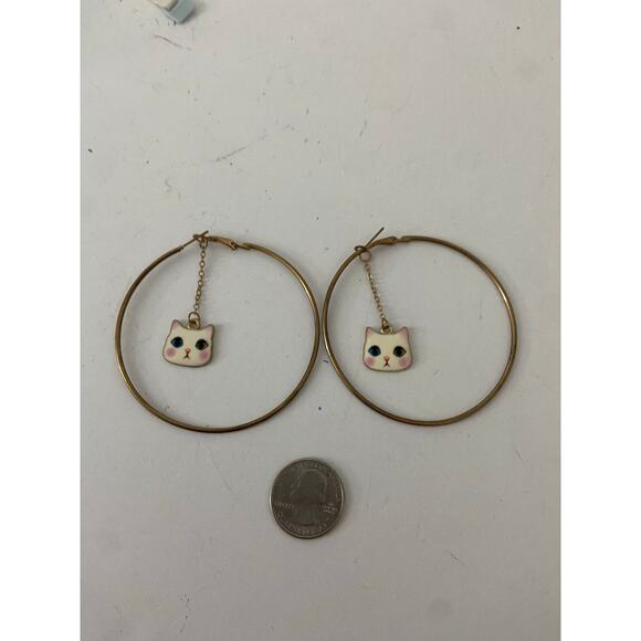 Cat Charm Hoop Earrings - Fair Condition, Tarnish - Picture 2 of 3
